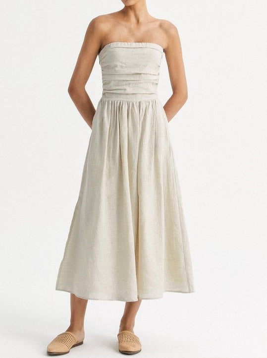mysite 100% Linen Plain Cold Shoulder Dress