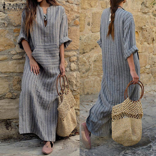 NTG Fad dress New Cotton And Linen Yarn-dyed Striped Loose Long Dress