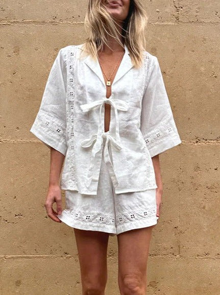 NTG Fad SUIT White / S Strappy hollow short-sleeved shirt + shorts casual two-piece set