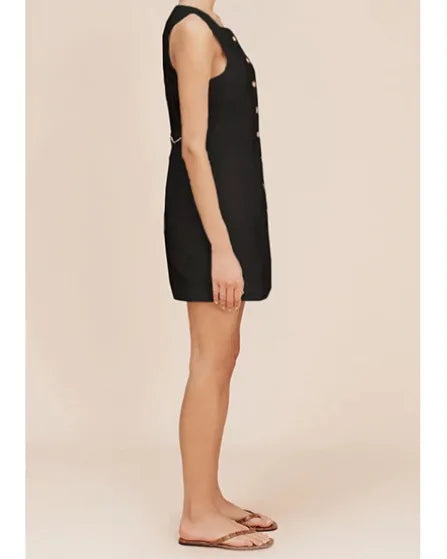 NTGFad 100% Linen Square Neck Single-Breasted Dress