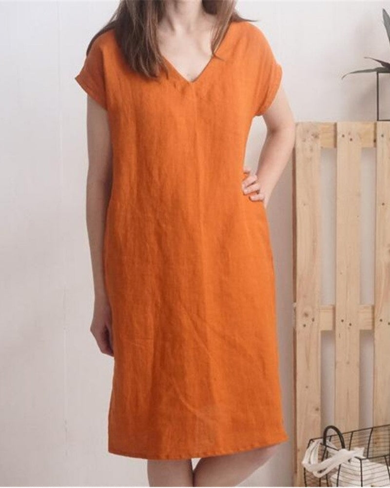 NTG 2022 Women Casual V Neck Linen Mini Basic Dress