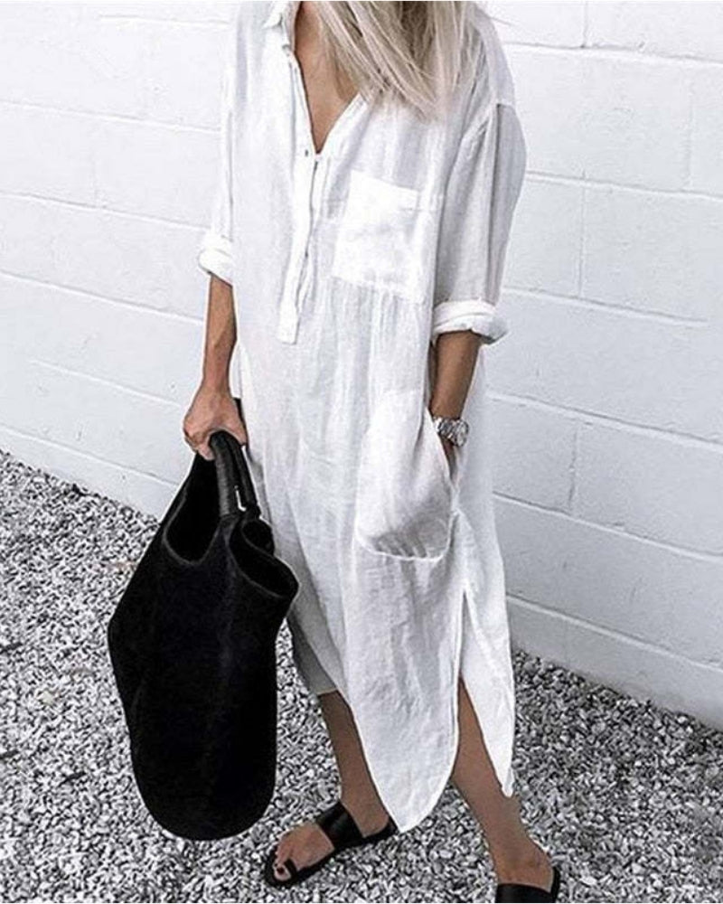 Linen Side Split Dress – NTGFad