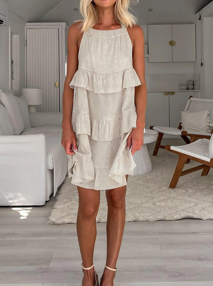Short cotton and linen suspender dress home wear