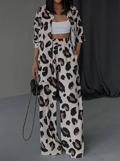 Leopard print design long-sleeved shirt wide-leg pants two-piece suit