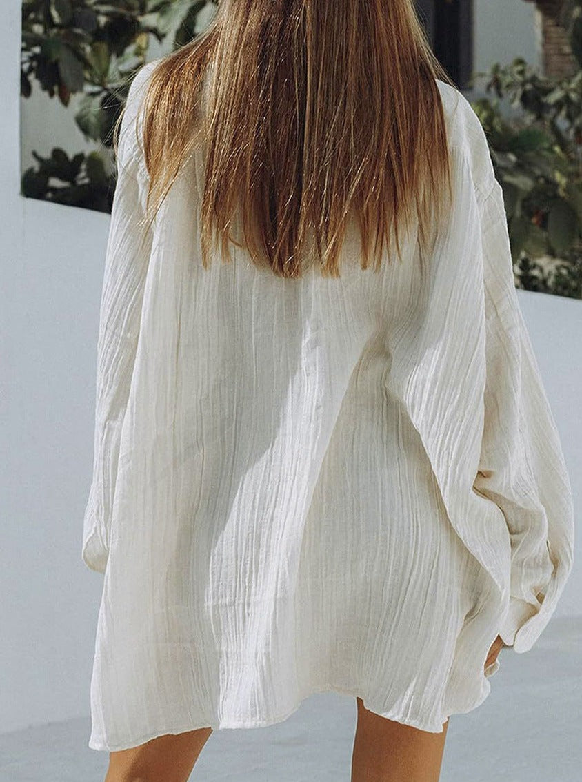 Loose long-sleeved shirt and tie shorts pajamas two-piece set