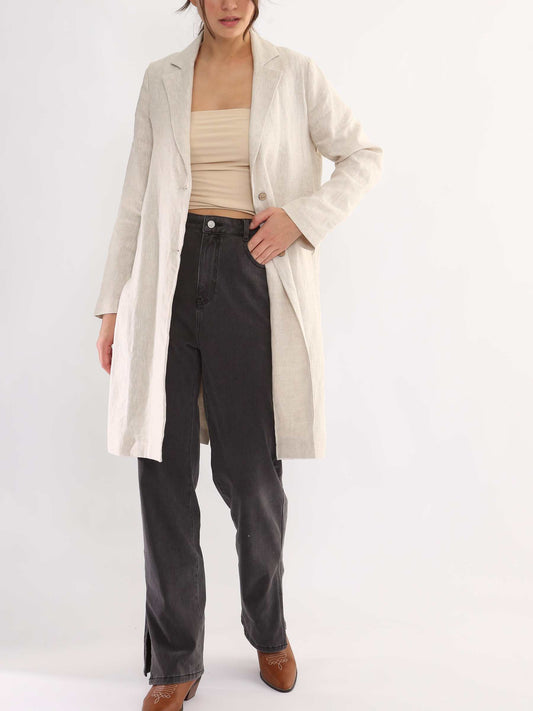 100% Linen Notched Collar Trench Coat