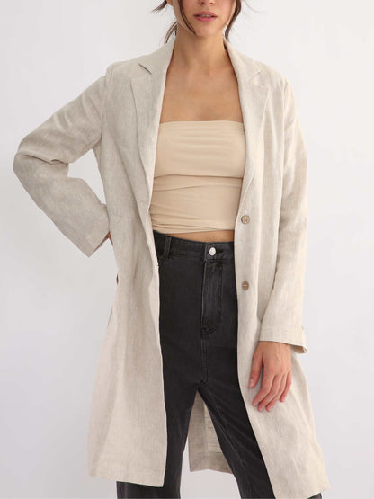 100% Linen Notched Collar Trench Coat