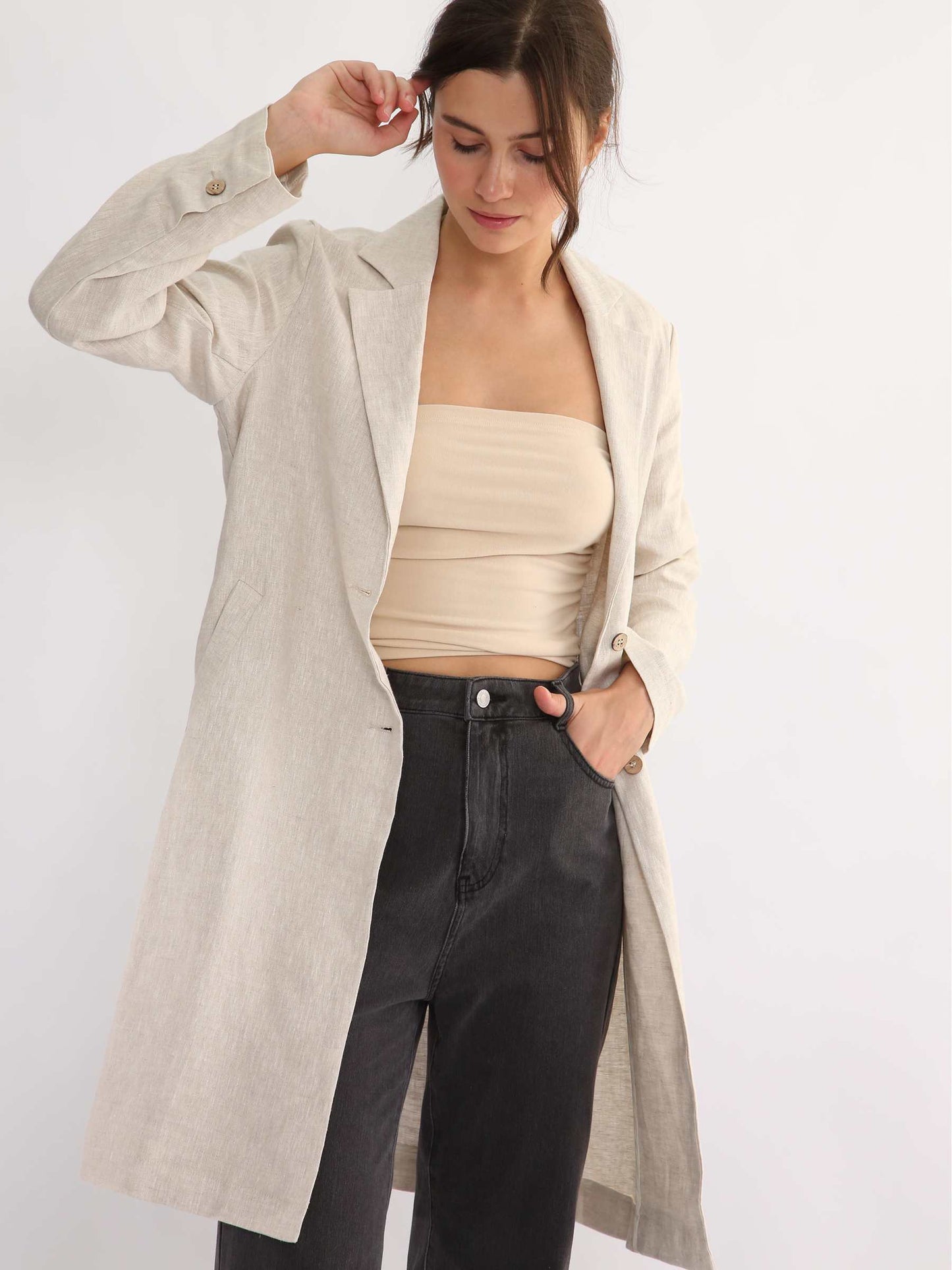 100% Linen Notched Collar Trench Coat