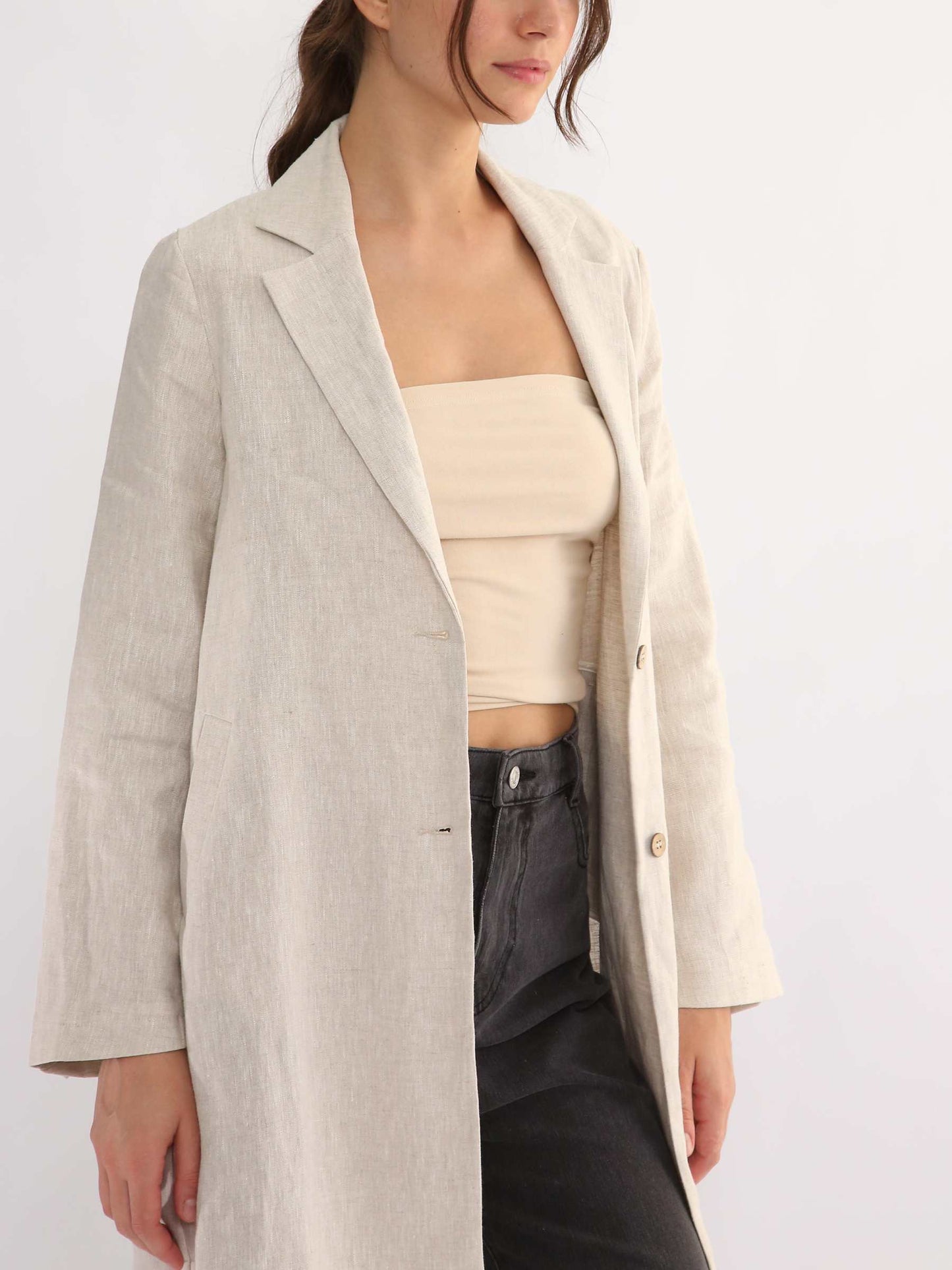 100% Linen Notched Collar Trench Coat