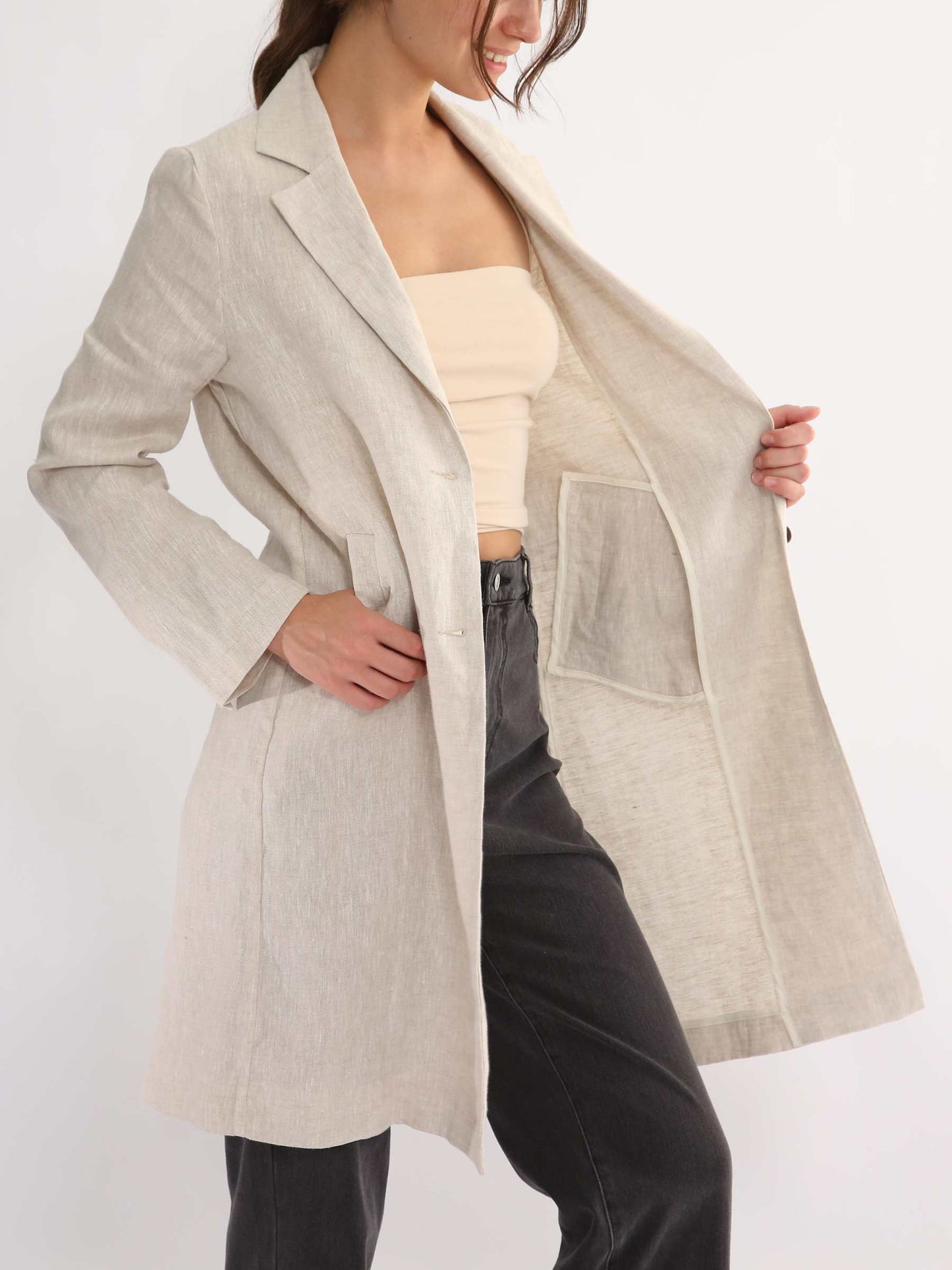 100% Linen Notched Collar Trench Coat