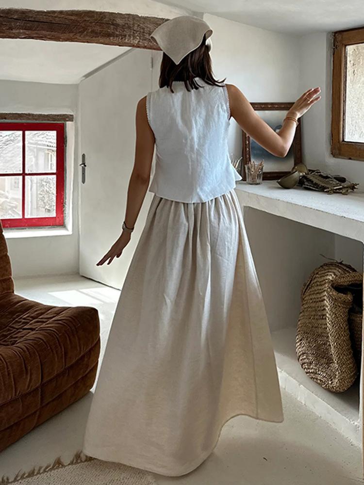 Cotton and Linen Lace-up Top and Long Skirt Set