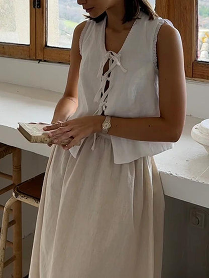 Cotton and Linen Lace-up Top and Long Skirt Set