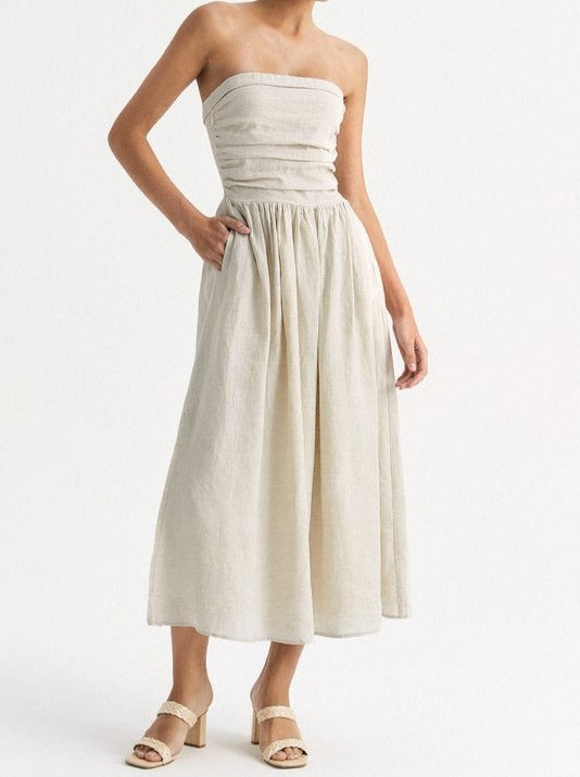 mysite 100% Linen Plain Cold Shoulder Dress