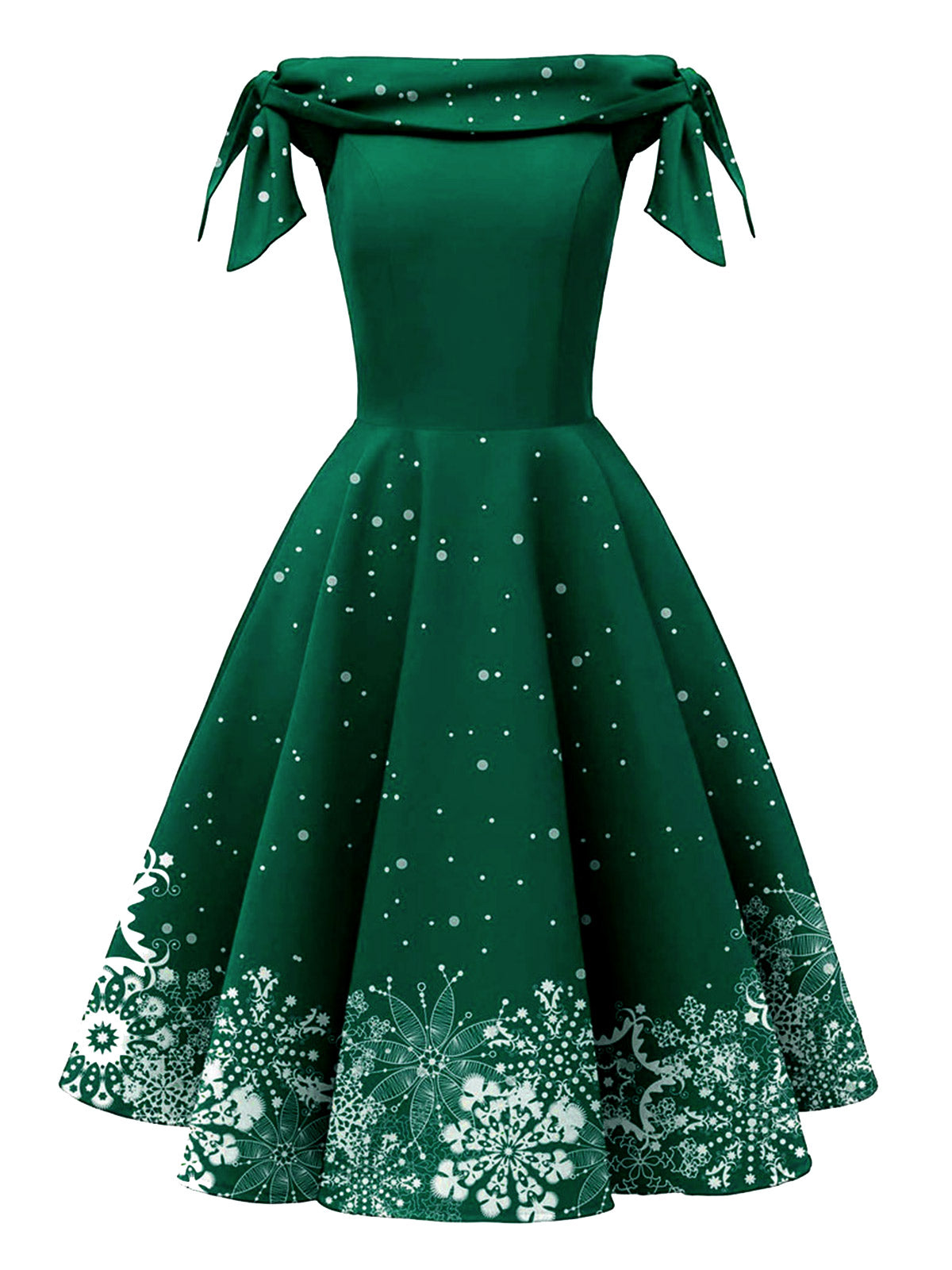 mysite 1950s Christmas Green / S / 2 Red 1950s Off-shoulder Snowflake Dress