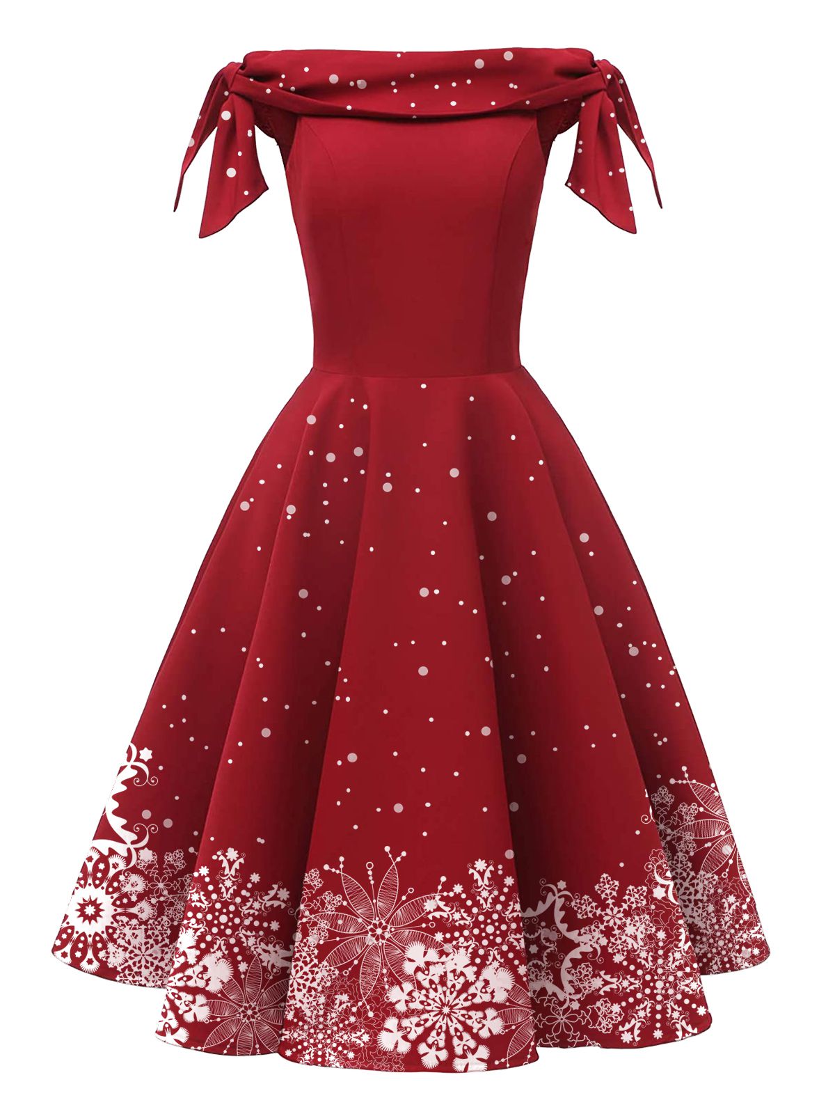 mysite 1950s Christmas Red / S / 2 Red 1950s Off-shoulder Snowflake Dress