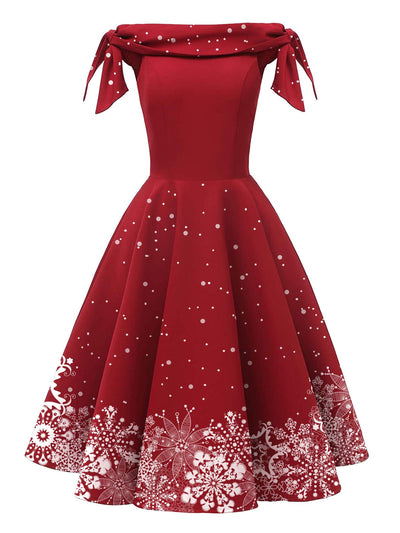 mysite 1950s Christmas Red / S / 2 Red 1950s Off-shoulder Snowflake Dress