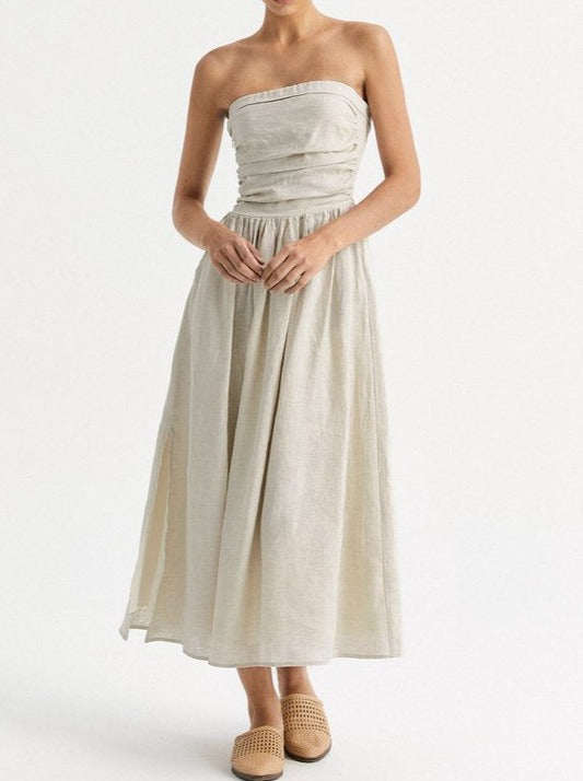 mysite Apricot / S(4) 100% Linen Plain Cold Shoulder Dress