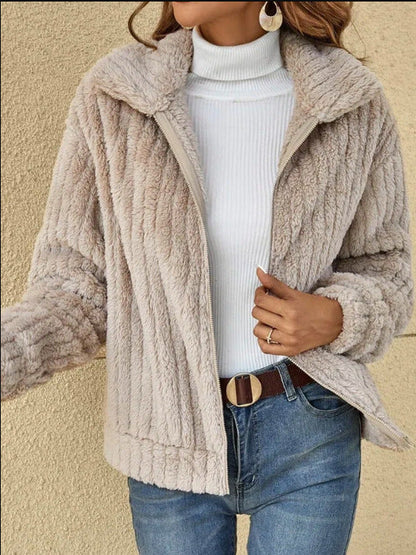 mysite Apricot / S Short Jacket Lapel Zipper Winter Coat Warm Plush Fleece Zipper Casual Coat Top
