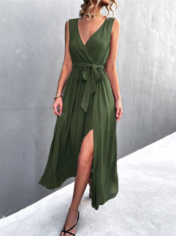 mysite Armygreen / S 2022 spring and summer new products Amazon independent site hot sale sexy V-neck cross strap sleeveless slit dress