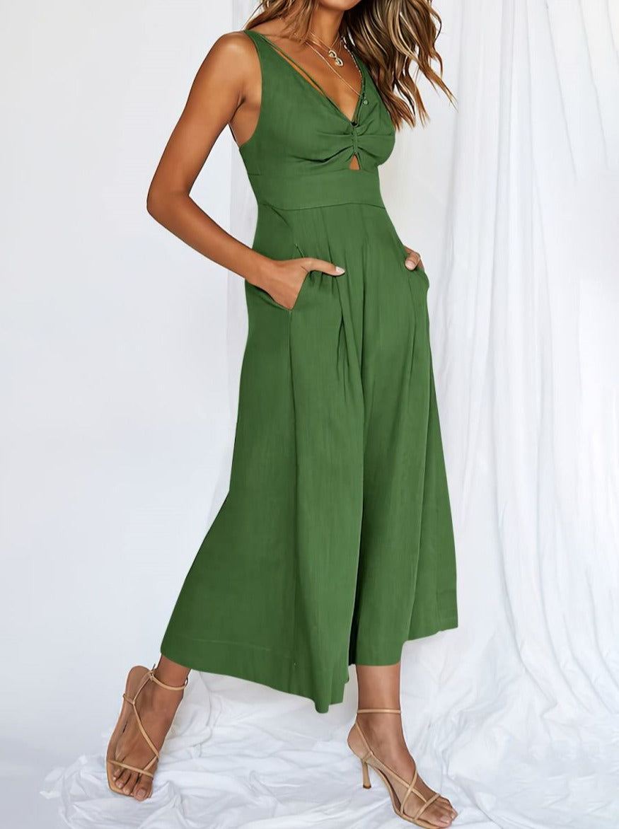 mysite Back to results Green / Small ANRABESS Wide leg Jumpsuits V Neck Smocked Cutout High Waist adjustable straps Rompers