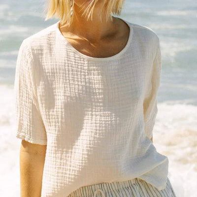 mysite Beige / M / China Muslin 100% Cotton Gauze Loose Casual Summer T Shirt Short Sleeve 0-Neck Women'S Top Chic Solid Streetwear Shirt Camisetas