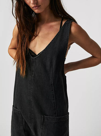 mysite Black / S 2023 cross-border autumn and winter new European and American washed denim V-neck jumpsuits adjustable overalls