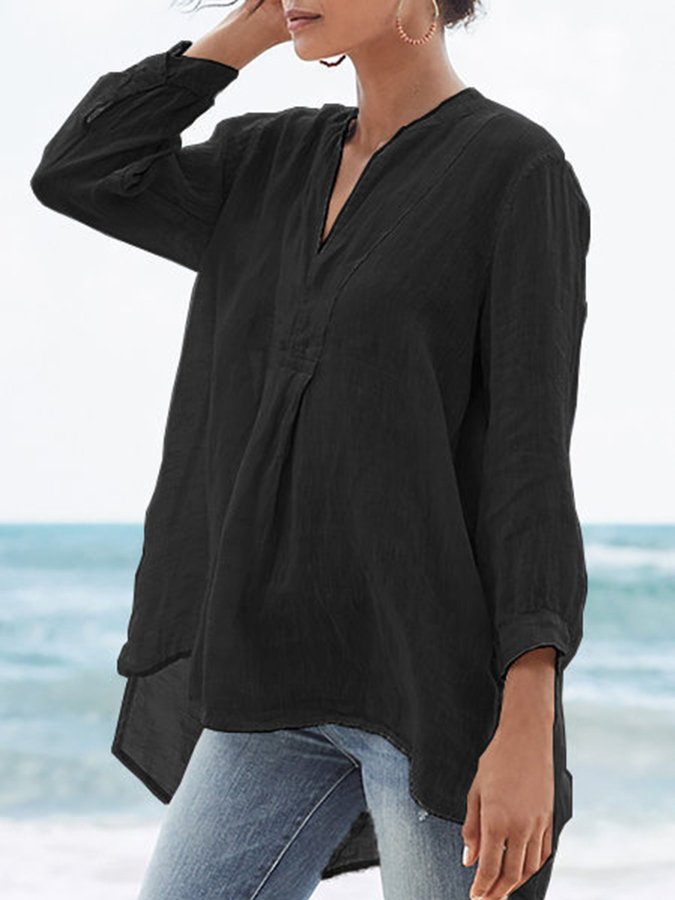 mysite Black / S Women's Thin Cotton V-Neck Long Sleeve Top