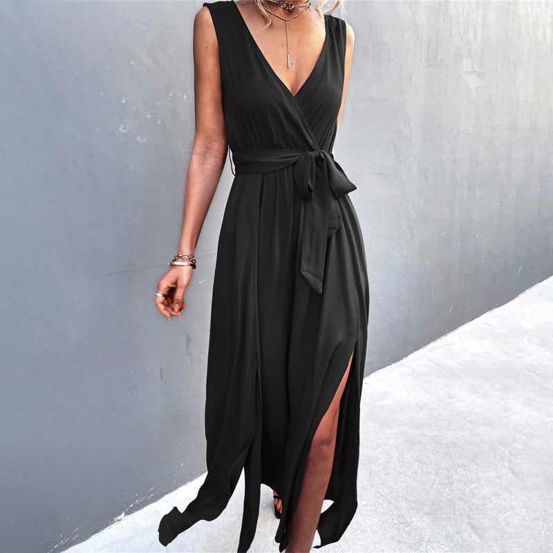 mysite Black / XL 2022 spring and summer new products Amazon independent site hot sale sexy V-neck cross strap sleeveless slit dress