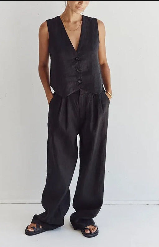 mysite Black / XL 2023 summer new product cross-border Amazon independent station cotton and linen suit vest wide-leg pants fashion casual suit for women