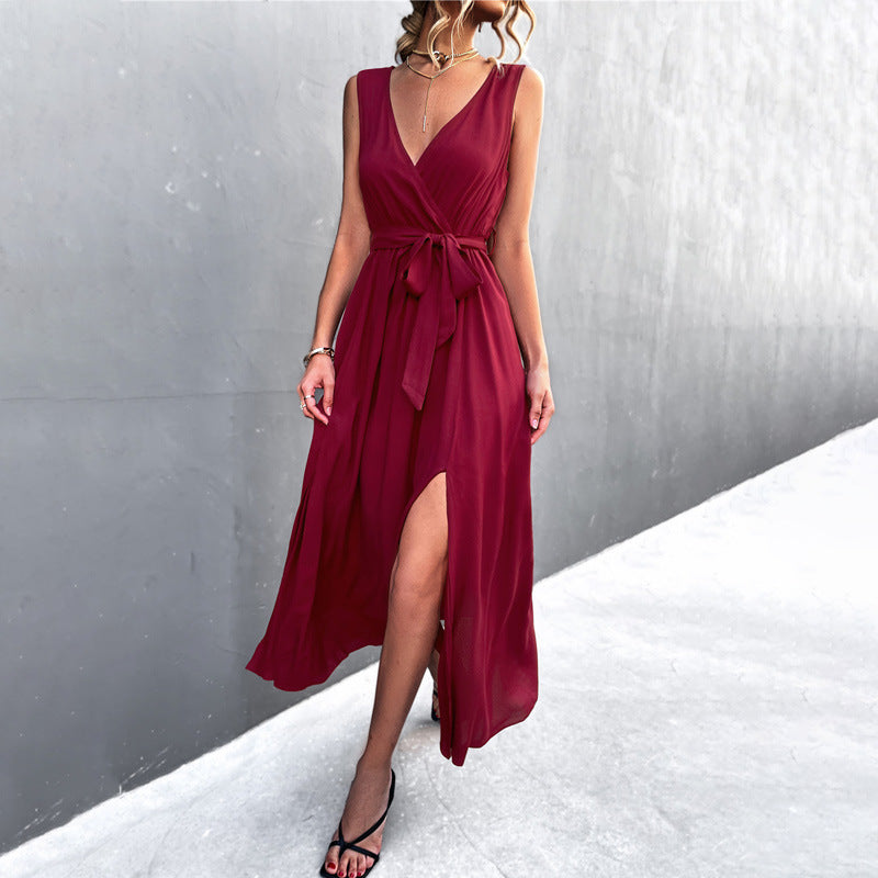mysite Claret / XL 2022 spring and summer new products Amazon independent site hot sale sexy V-neck cross strap sleeveless slit dress