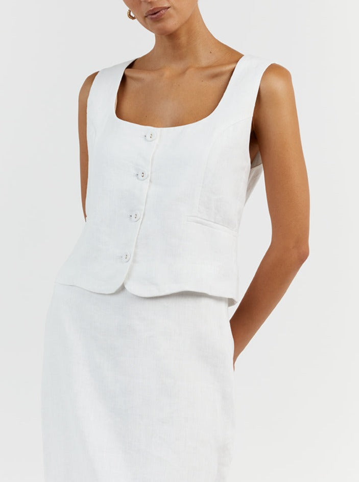 mysite Clothing OSCAR WHITE SCOOP NECK LINEN VEST-(Hand Make)