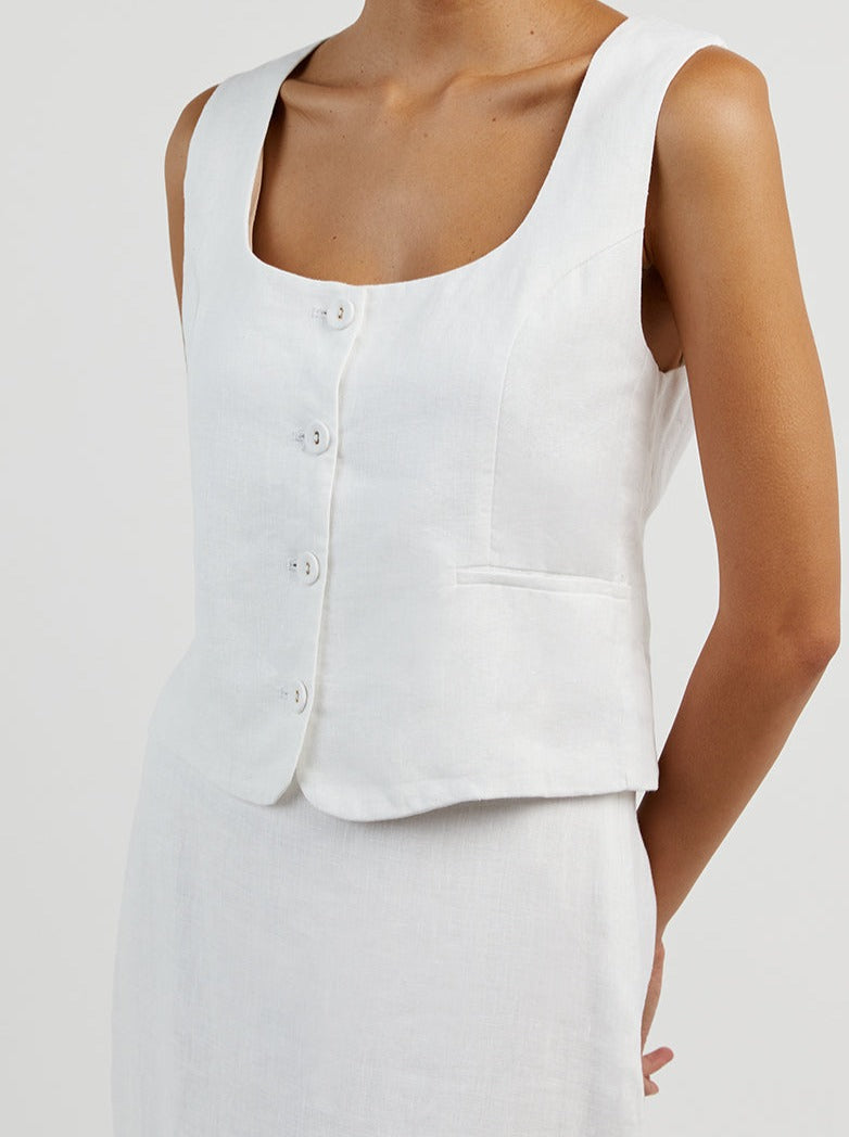 mysite Clothing OSCAR WHITE SCOOP NECK LINEN VEST-(Hand Make)