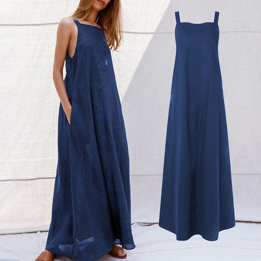 mysite Dark blue / M European and American clothing AliExpress Amazon reversible solid color pocket dress sexy long skirt dress