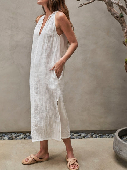 mysite Dress Sleeveless White Gauze Midi Dress with Pockets - Sale