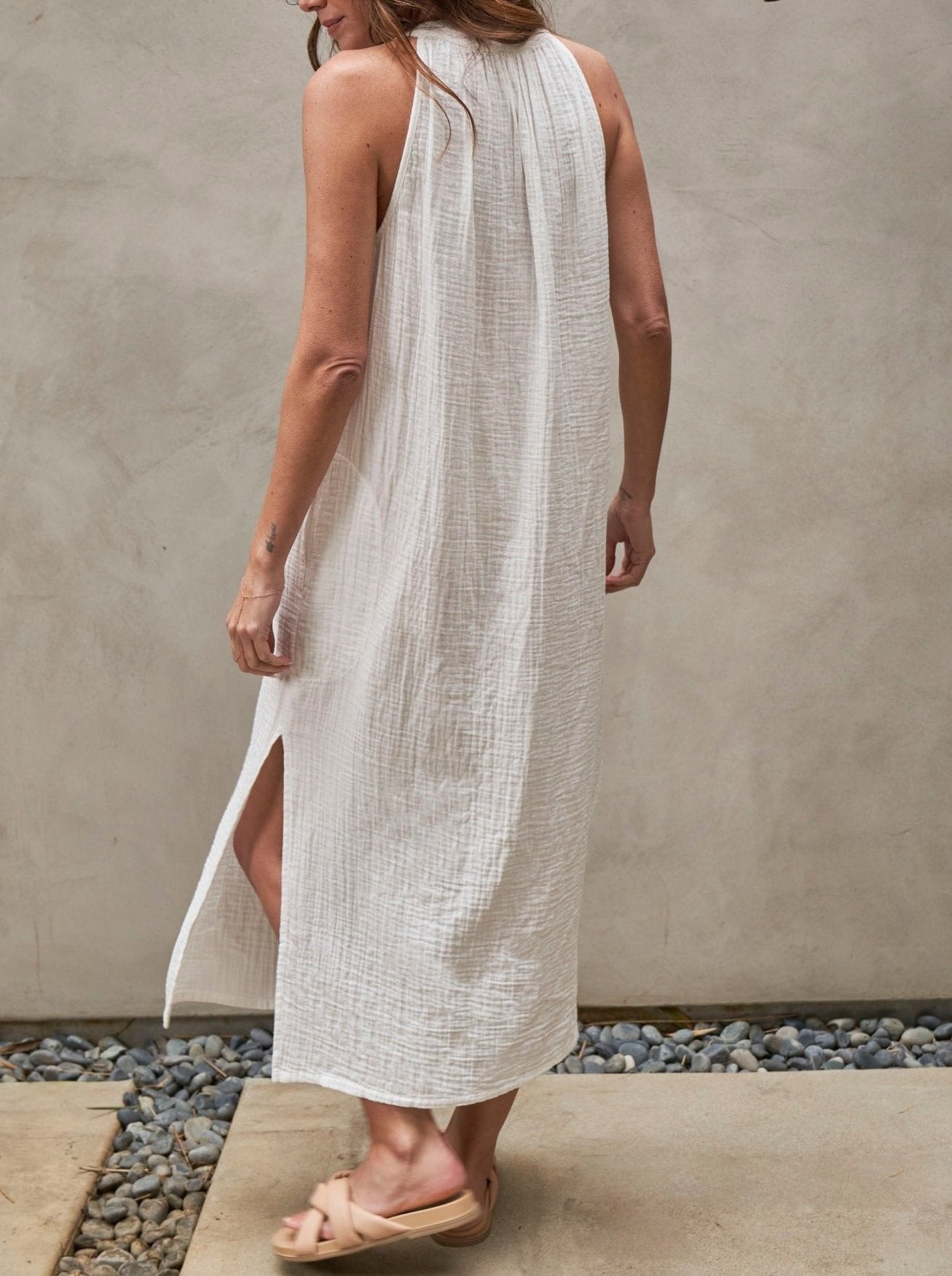 mysite Dress Sleeveless White Gauze Midi Dress with Pockets - Sale