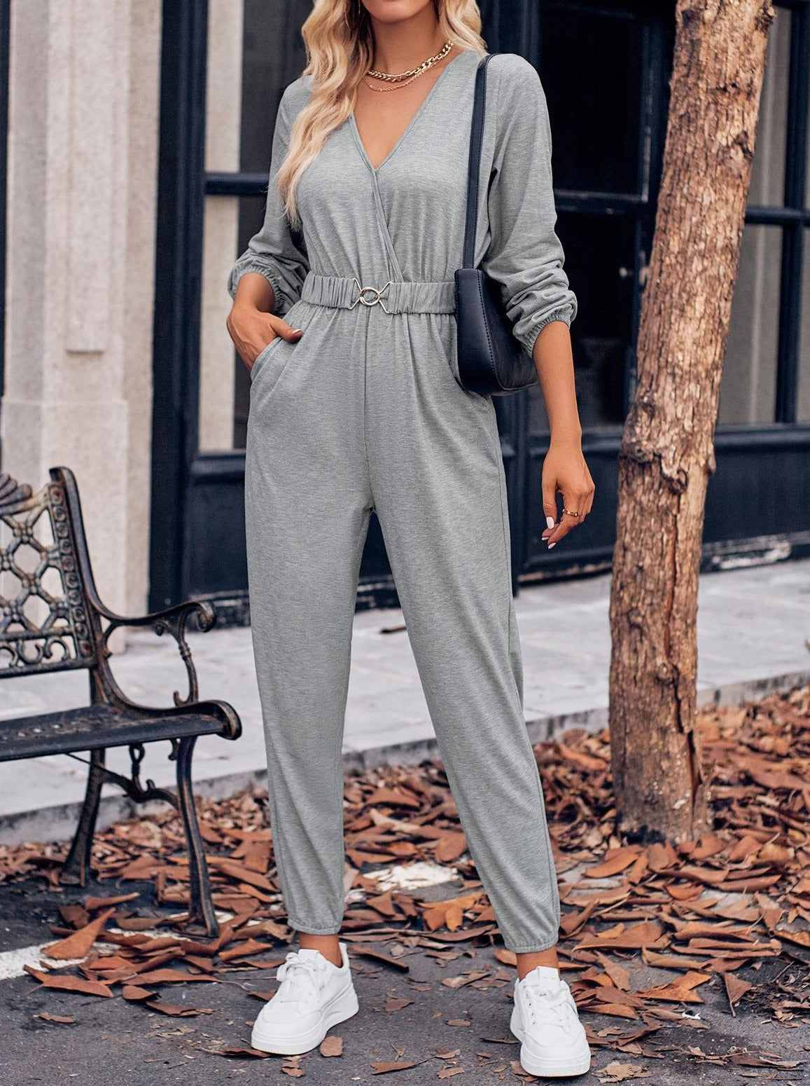 mysite Flecking gray / L European and American autumn and winter new 2023 women's clothing independent station foreign trade casual V-neck V-neck long-sleeved belt waist jumpsuit for women