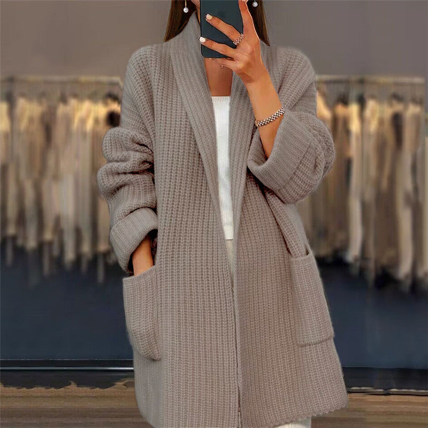 mysite Foreign trade women's 2023 autumn and winter new style women's thickened solid color V-neck knitted cardigan loose pocket sweater jacket