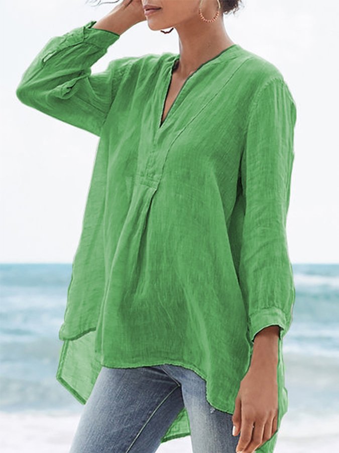 mysite Green / S Women's Thin Cotton V-Neck Long Sleeve Top