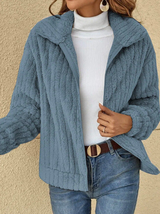 mysite Haze Blue / S Short Jacket Lapel Zipper Winter Coat Warm Plush Fleece Zipper Casual Coat Top