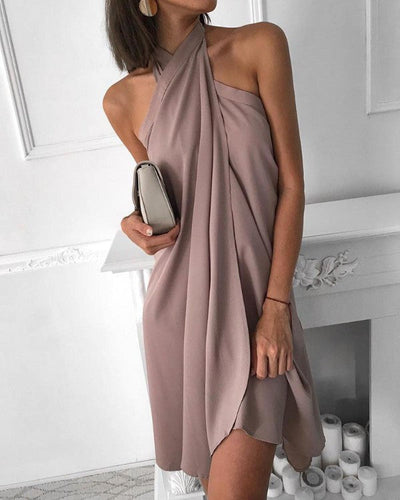 mysite Khaki / S Ebay Amazon 2022 new summer sexy women's dress halter neck loose irregular casual beach dress