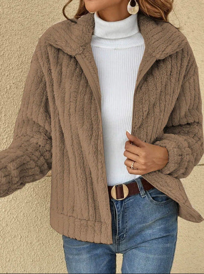 mysite Khaki / S Short Jacket Lapel Zipper Winter Coat Warm Plush Fleece Zipper Casual Coat Top