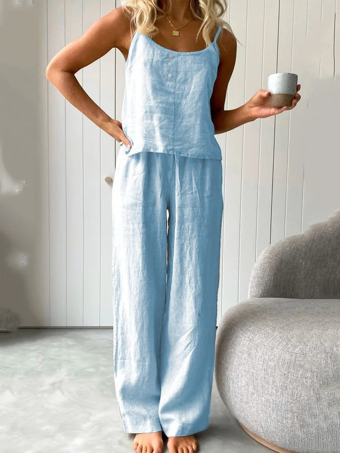 mysite Lake blue / XL European and American Thin Pajamas Sleeveless Suspender Pants Set Loose Fashionable Outerwear Cotton and Linen Home Clothing for Women