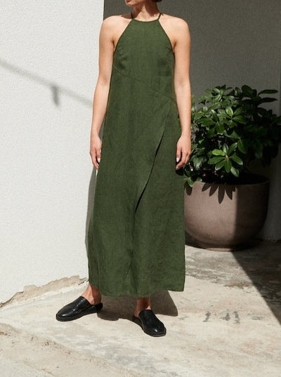 mysite Mira forest green dress - Spaghetti strap linen dress- Linen dress - Long linen dress