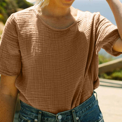 mysite Muslin 100% Cotton Gauze Loose Casual Summer T Shirt Short Sleeve 0-Neck Women'S Top Chic Solid Streetwear Shirt Camisetas