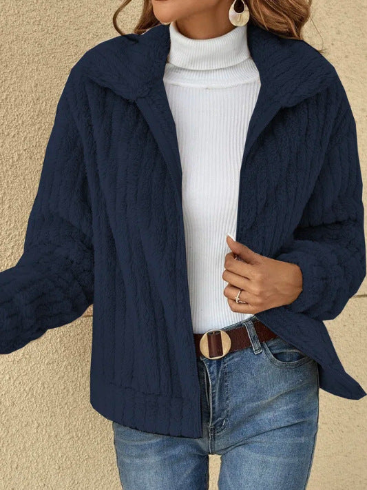 mysite Navy Blue / S Short Jacket Lapel Zipper Winter Coat Warm Plush Fleece Zipper Casual Coat Top