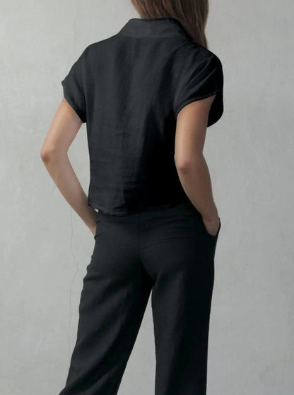 mysite Shirts & Tops Collo Alto Linen Top Black