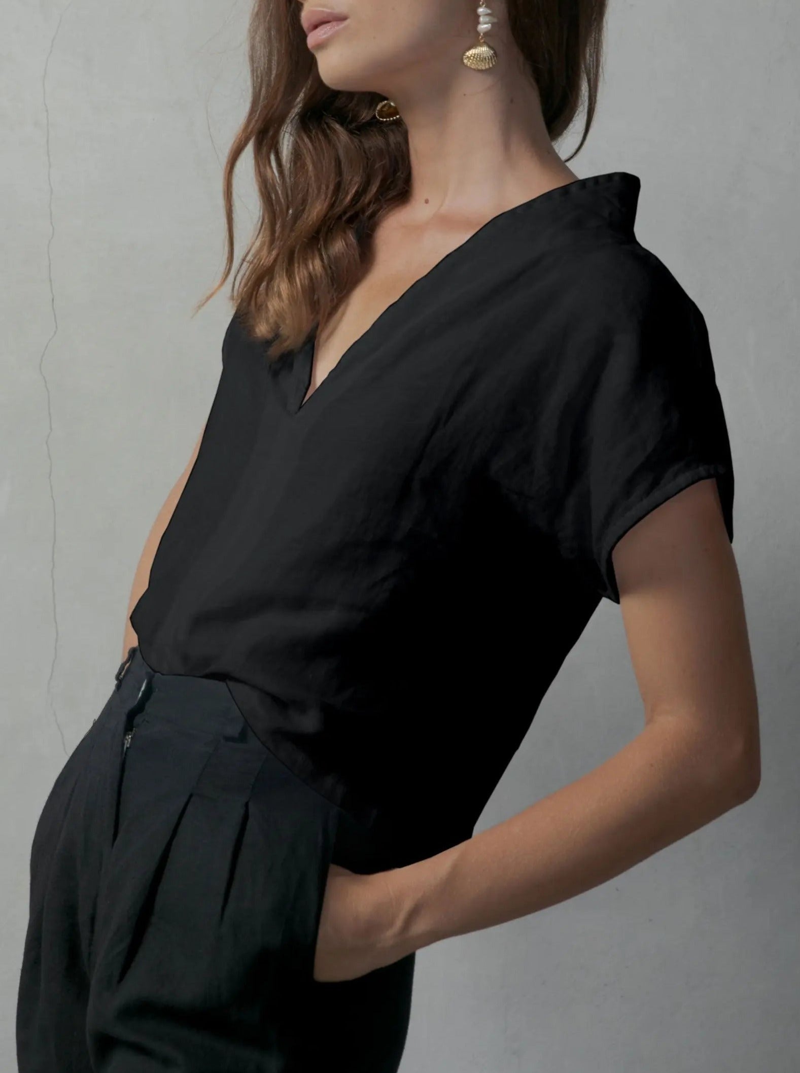 mysite Shirts & Tops XS Collo Alto Linen Top Black