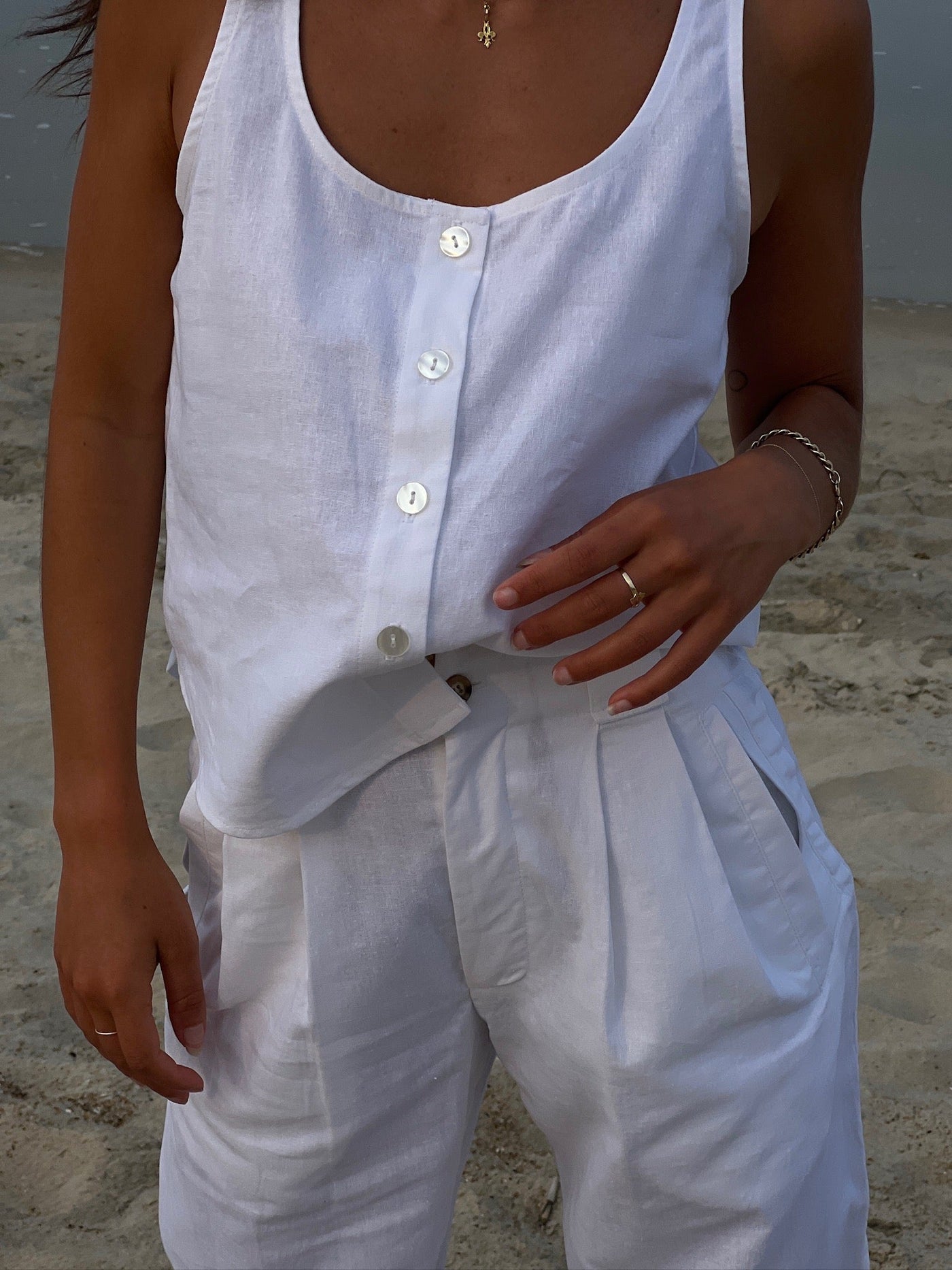 mysite top U-neck linen and cotton button-down top-（Hang  Made）