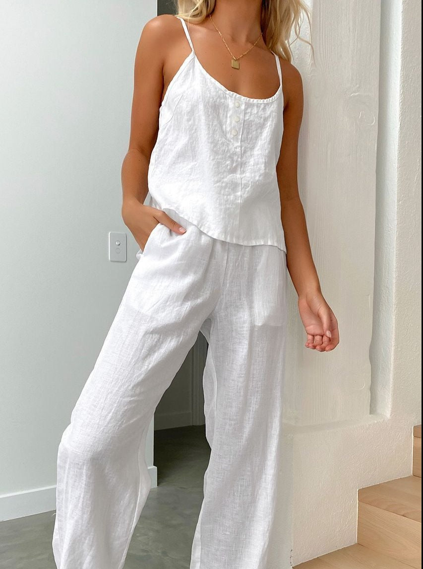 mysite White / L European and American Thin Pajamas Sleeveless Suspender Pants Set Loose Fashionable Outerwear Cotton and Linen Home Clothing for Women
