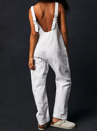 mysite White / S 2023 cross-border autumn and winter new European and American washed denim V-neck jumpsuits adjustable overalls